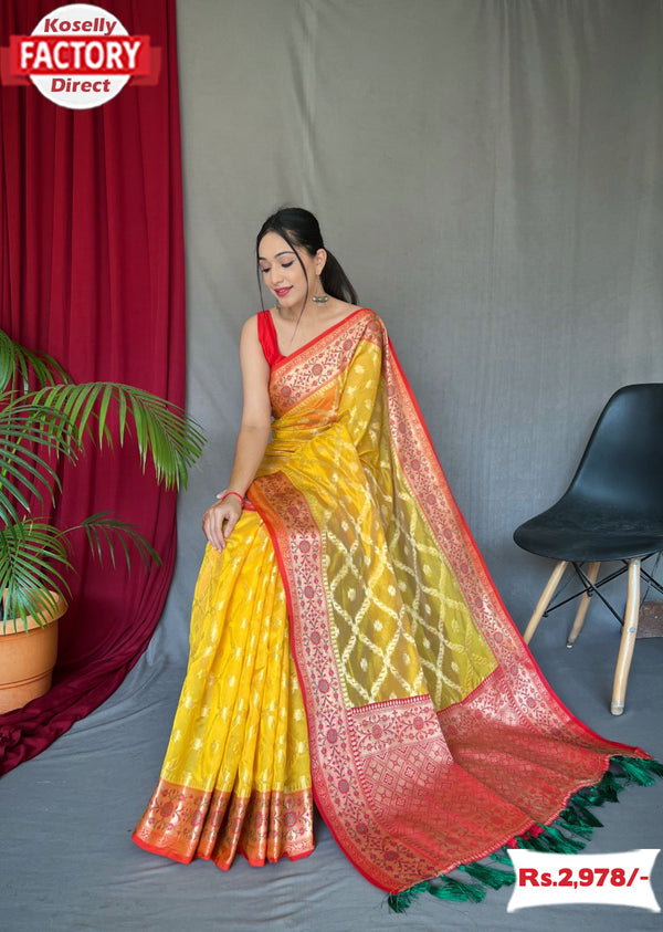 Yellow Pure Organza Banarasi Saree