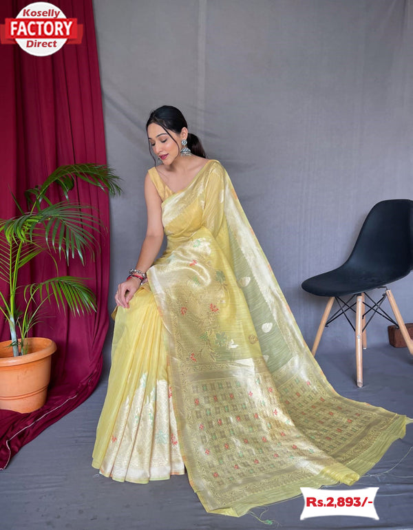 Light Yellow Pure Linen Banarasi Saree
