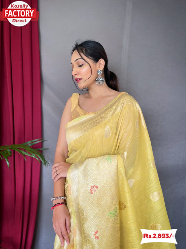 Light Yellow Pure Linen Banarasi Saree