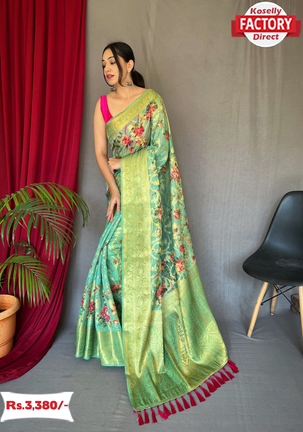 Sea Green Organza Banarasi Digital Printed Saree