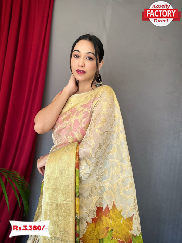 Cream Organza Banarasi Digital Printed Saree