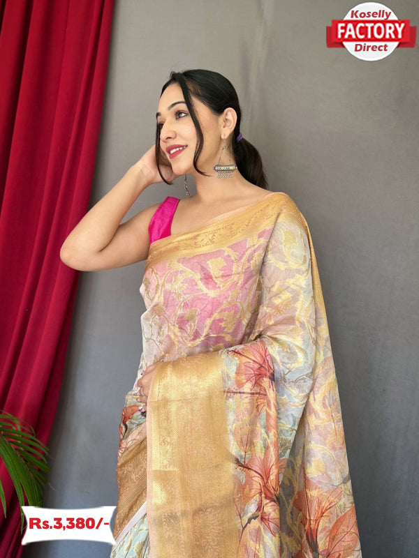 Off-white Organza Banarasi Digital Printed Saree