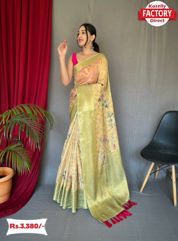 Light Golden Organza Banarasi Digital Printed Saree