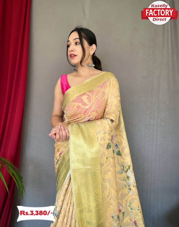 Light Golden Organza Banarasi Digital Printed Saree