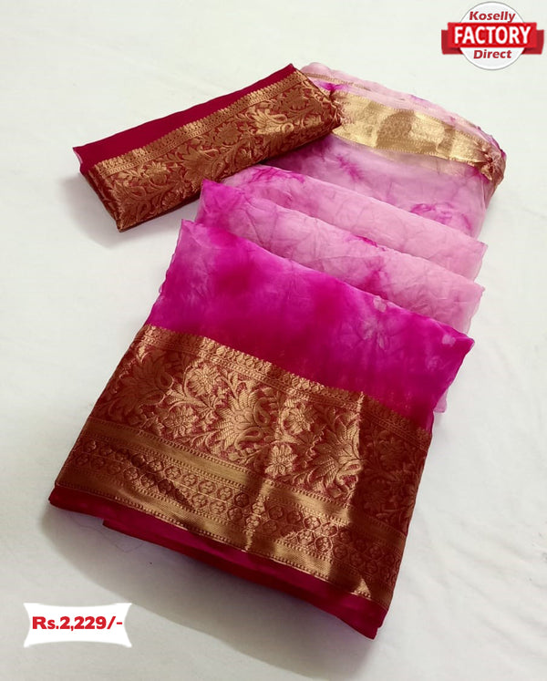 Pink Shibori Dyed Pure Organza Banarasi Border Saree