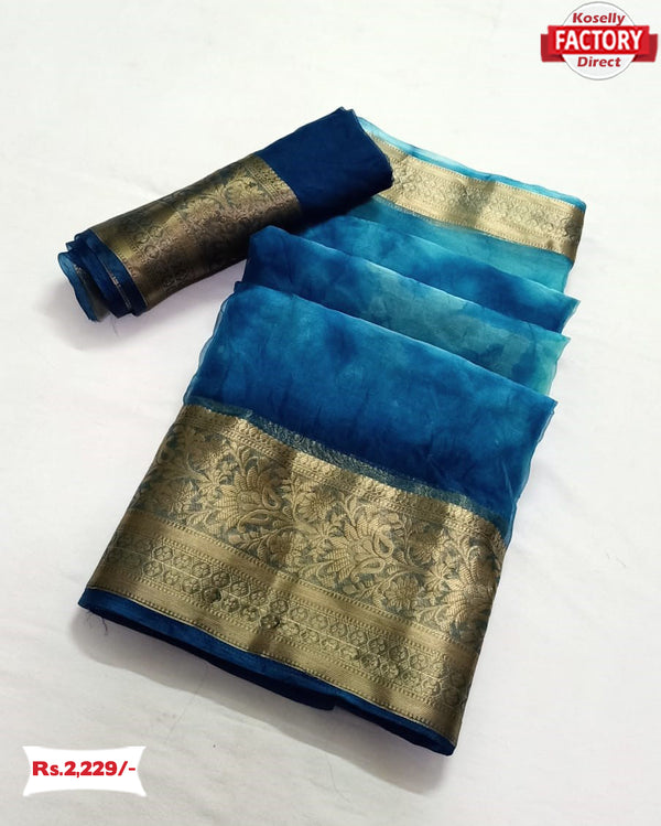 Blue Shibori Dyed Pure Organza Banarasi Border Saree