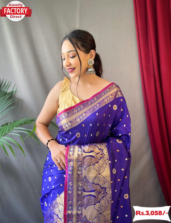 Deep Blue Pure Soft Silk Kanchipuram Saree