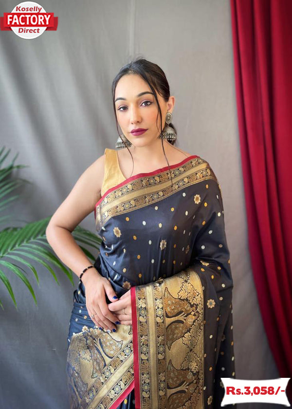 Black Pure Soft Silk Kanchipuram Saree