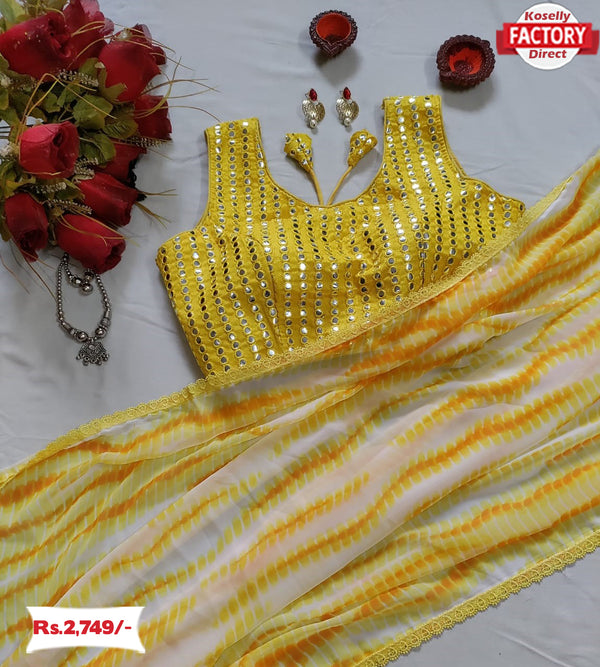 Yellow Shibori Print Georgette Saree With Readymade Blouse