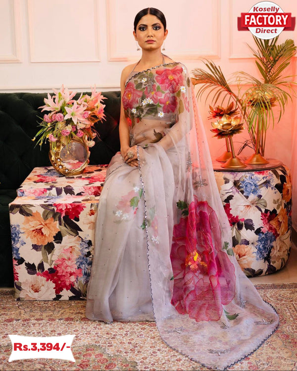 Ash Heavy Hand-worked Partywear Saree