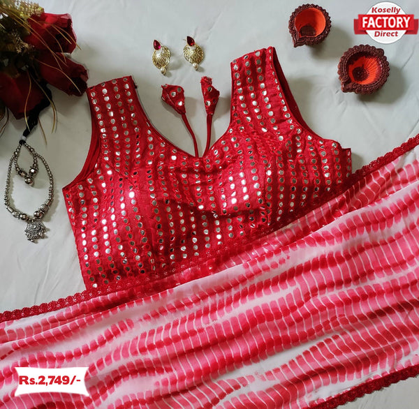 Red Shibori Print Georgette Saree With Readymade Blouse