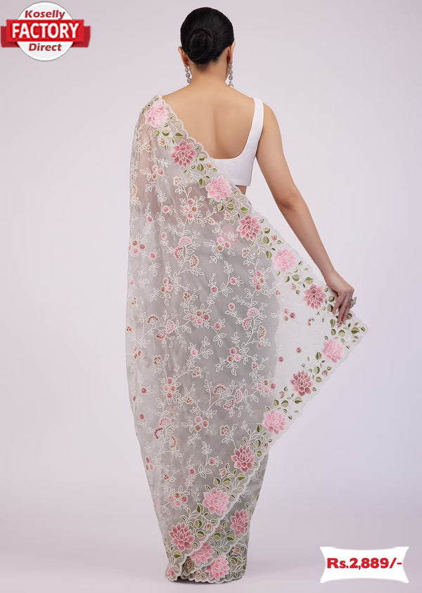 Ash Pure Organza Multi-thread Embroidery Saree