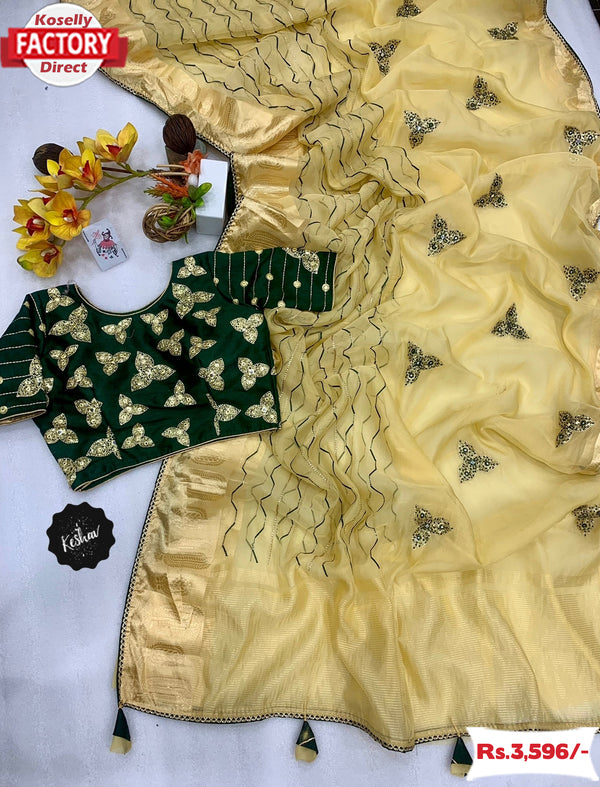 Yellow Organza Embroidered Saree With Readymade Blouse