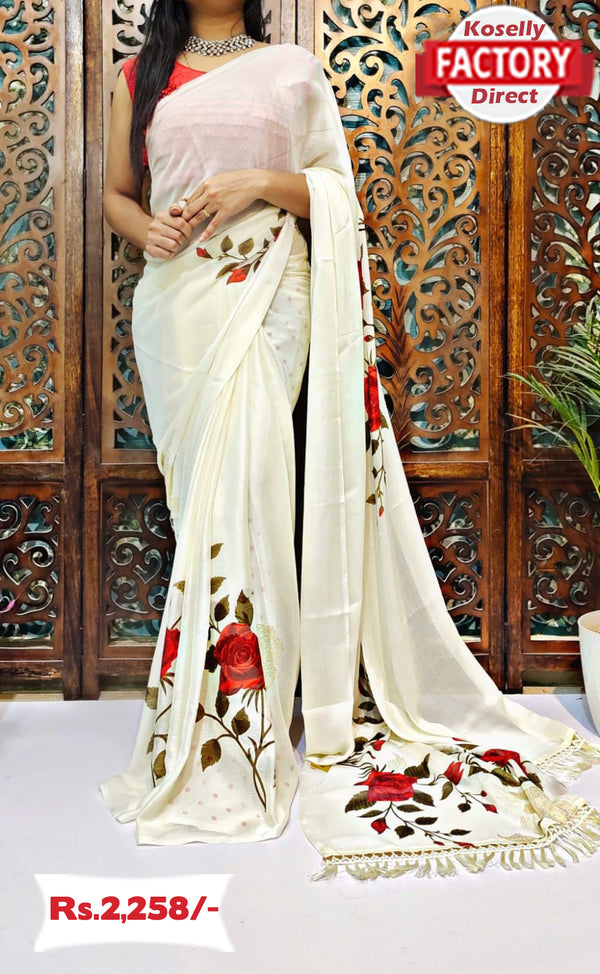 White Rose Floral Chiffon Saree
