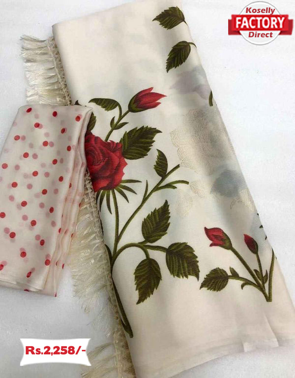 White Rose Floral Chiffon Saree