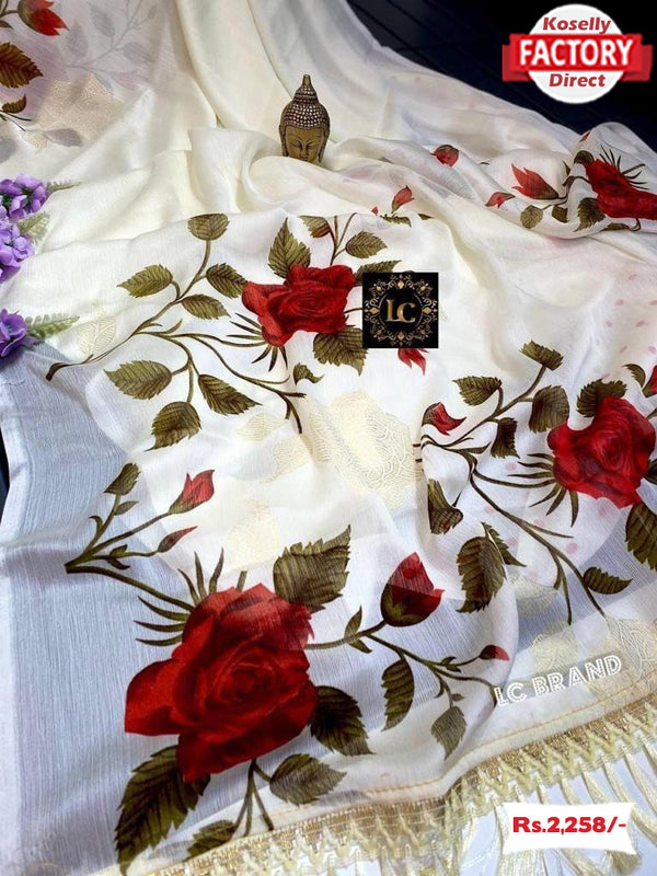 White Rose Floral Chiffon Saree