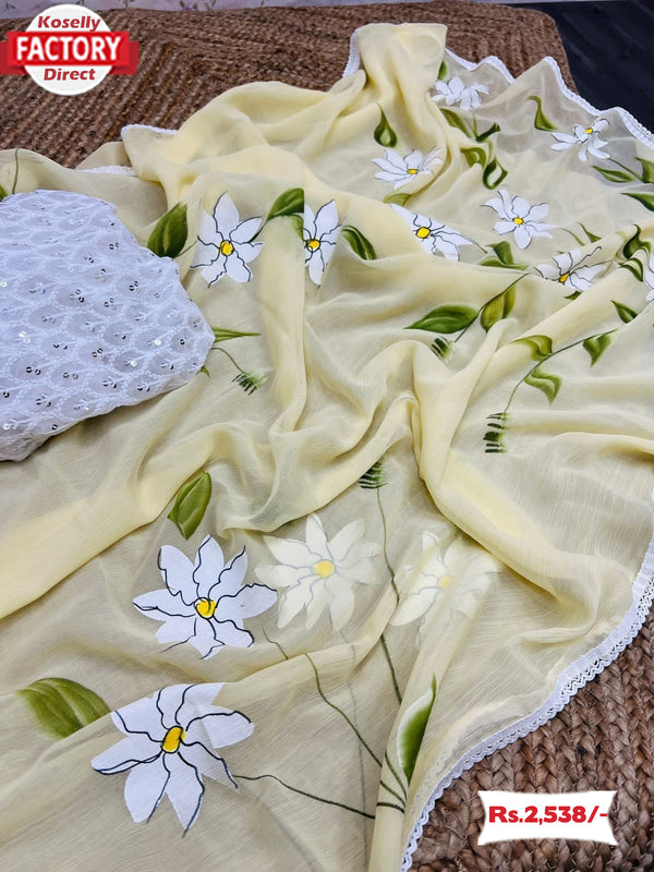 Light Yellow Chiffon Silk Handprinted Saree