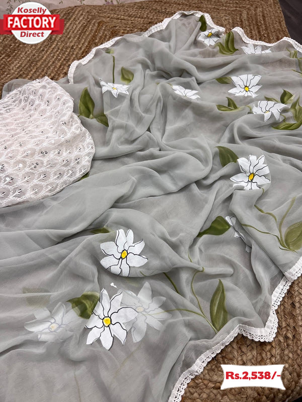 Ash Chiffon Silk Handprinted Saree