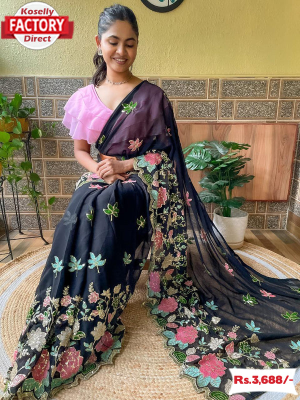 Black Georgette Embroidered Ready-to-wear Saree