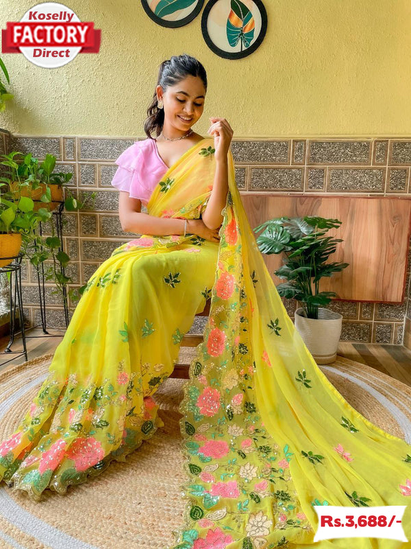 Yellow Georgette Embroidered Ready-to-wear Saree