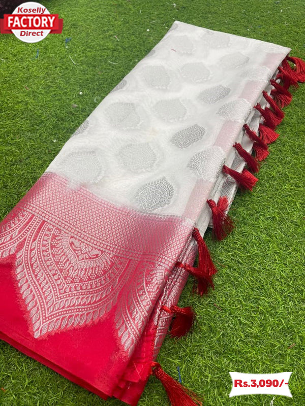 White Organza Jacquard Saree With Red Border