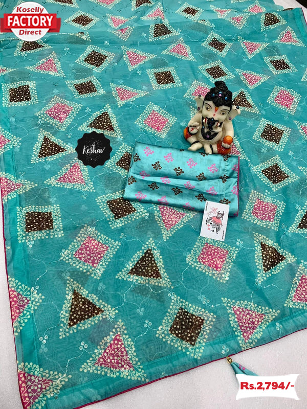 Turquoise Cotton Silk Saree With Fancy Work