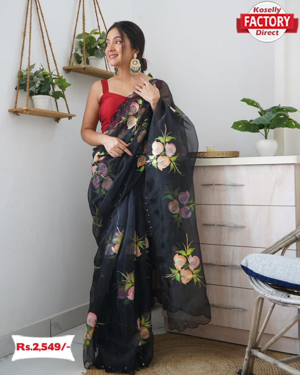 Black Hand-painted Organza Saree
