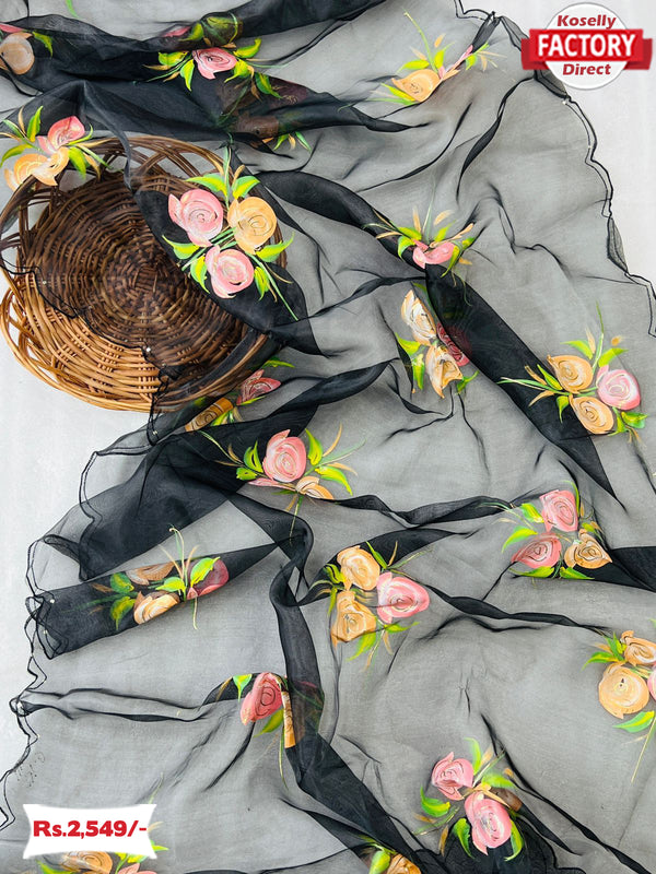 Black Hand-painted Organza Saree