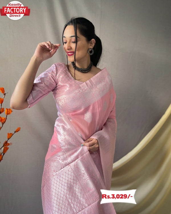 Baby Pink Silver Zari Linen Saree