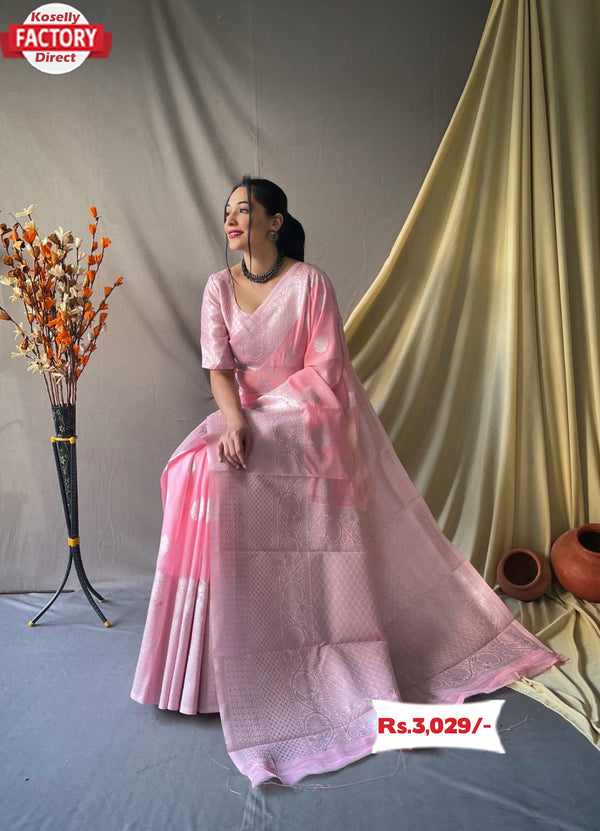 Baby Pink Silver Zari Linen Saree