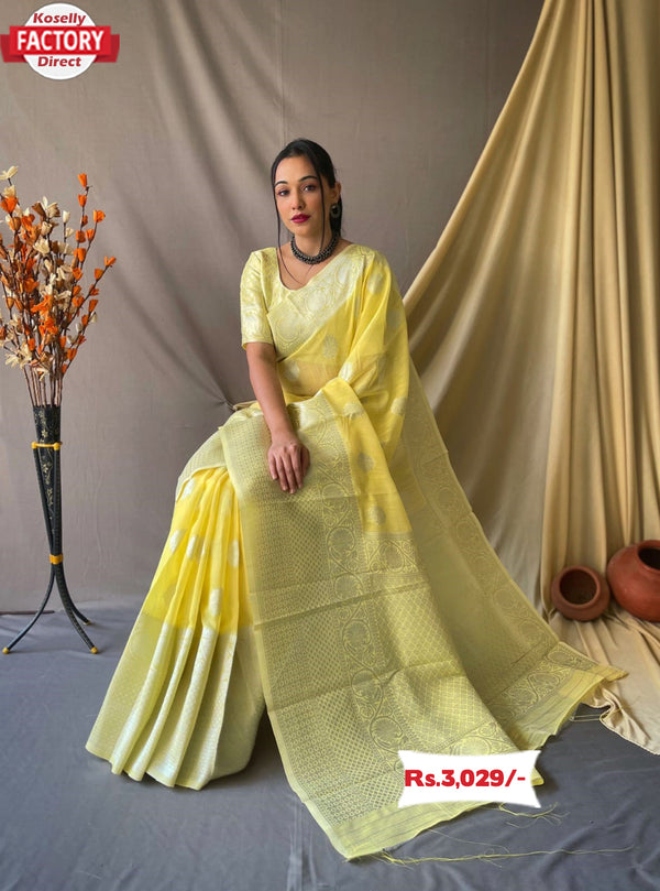 Yellow Silver Zari Linen Saree