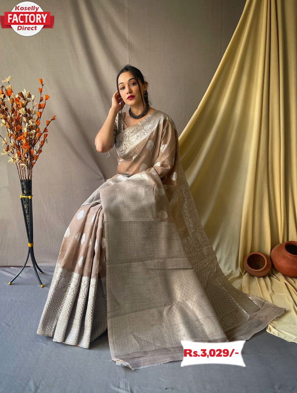 Nude Brown Silver Zari Linen Saree