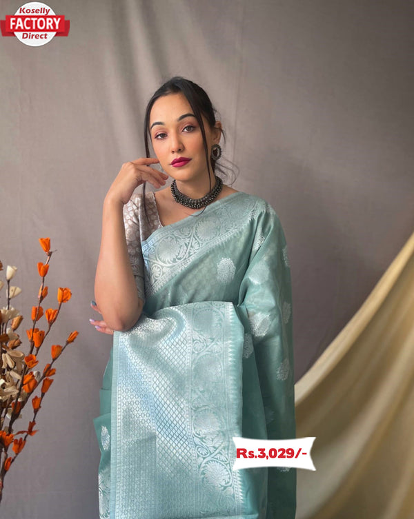 Baby Blue Silver Zari Linen Saree