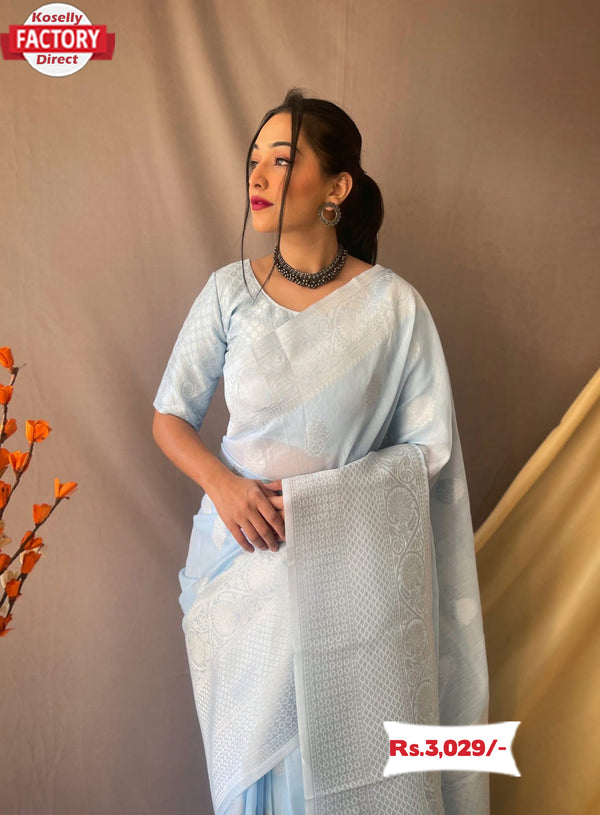 Light Blue Silver Zari Linen Saree