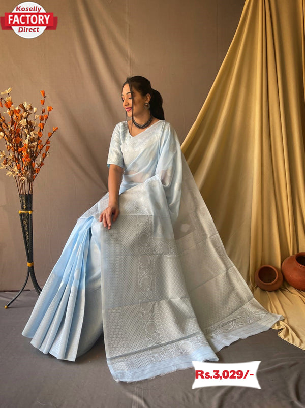 Light Blue Silver Zari Linen Saree