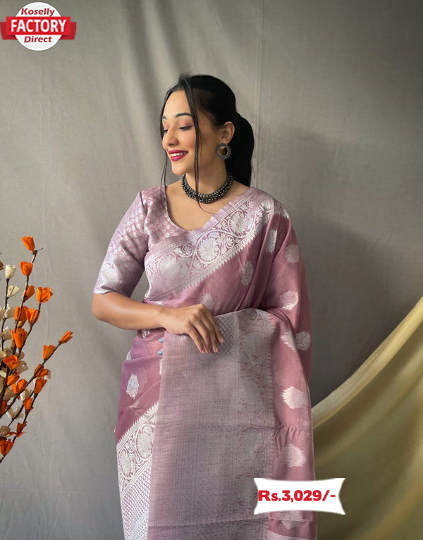 Nude Pink Silver Zari Linen Saree
