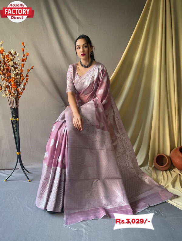 Nude Pink Silver Zari Linen Saree