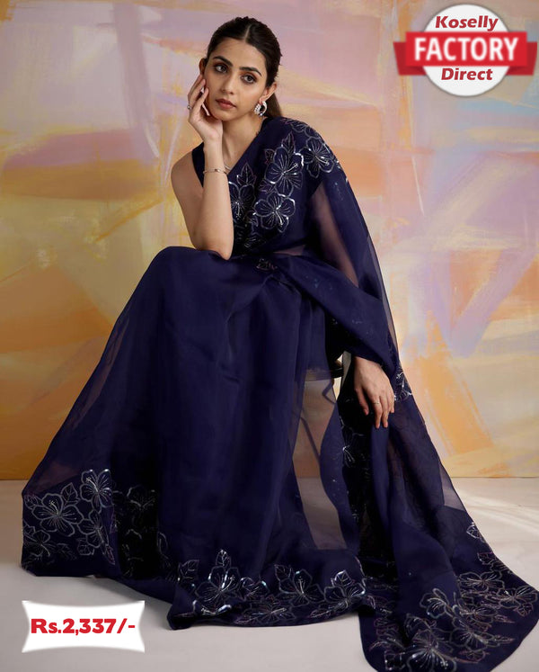 Navy Blue Organza Silk Saree with Sequins Thread Work