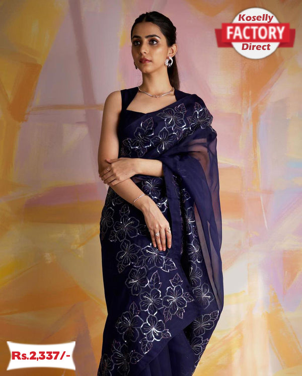 Navy Blue Organza Silk Saree with Sequins Thread Work