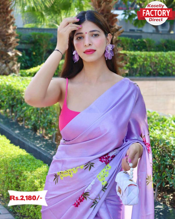 Lavender Satin Digital Printed Saree