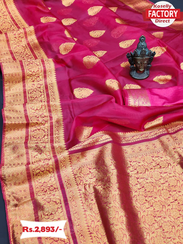 Hot Pink Pure Golden Zari Organza Banarasi Saree