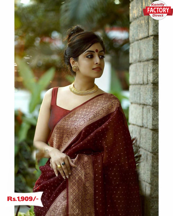 Maroon and Gold Banarasi Silk Saree