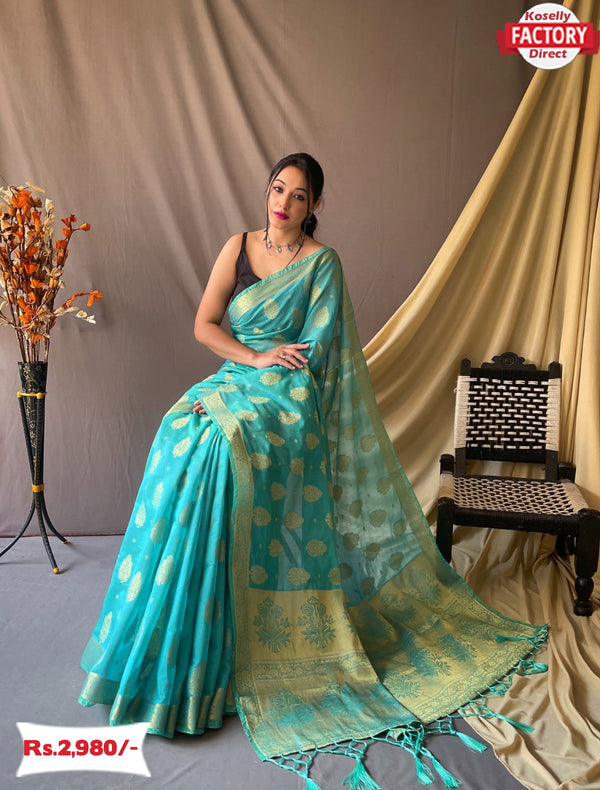 Sky Blue Organza Silk Banarasi Saree