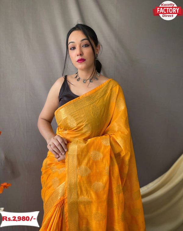 Mustard Yellow Organza Silk Banarasi Saree