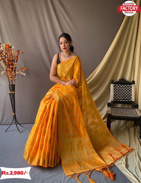 Mustard Yellow Organza Silk Banarasi Saree