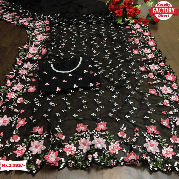 Black Soft Net Designer Saree