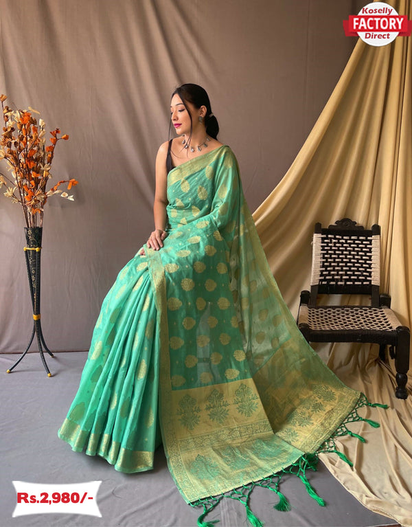 Sea Blue Organza Silk Banarasi Saree