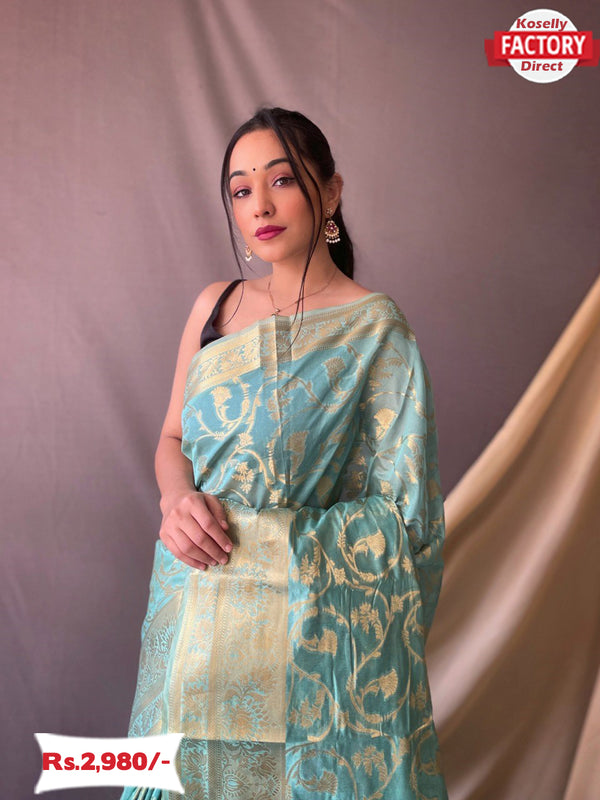 Light Blue Organza Silk Banarasi Saree