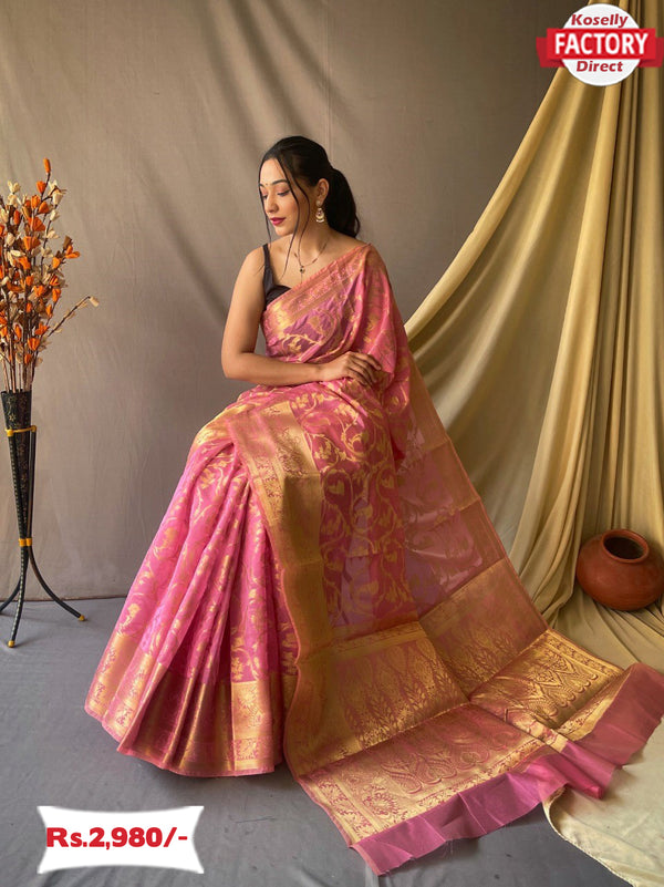 Salmon Pink Organza Silk Banarasi Saree