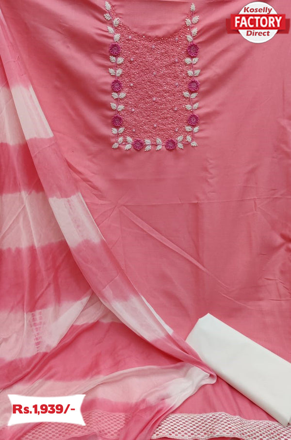 Pink Cotton Embroidered Kurtha Suruwal Piece